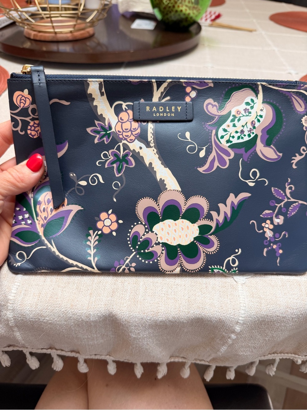 RADLEY LONDON Navy Floral Print Leather Pouch with Purple & Green Accents